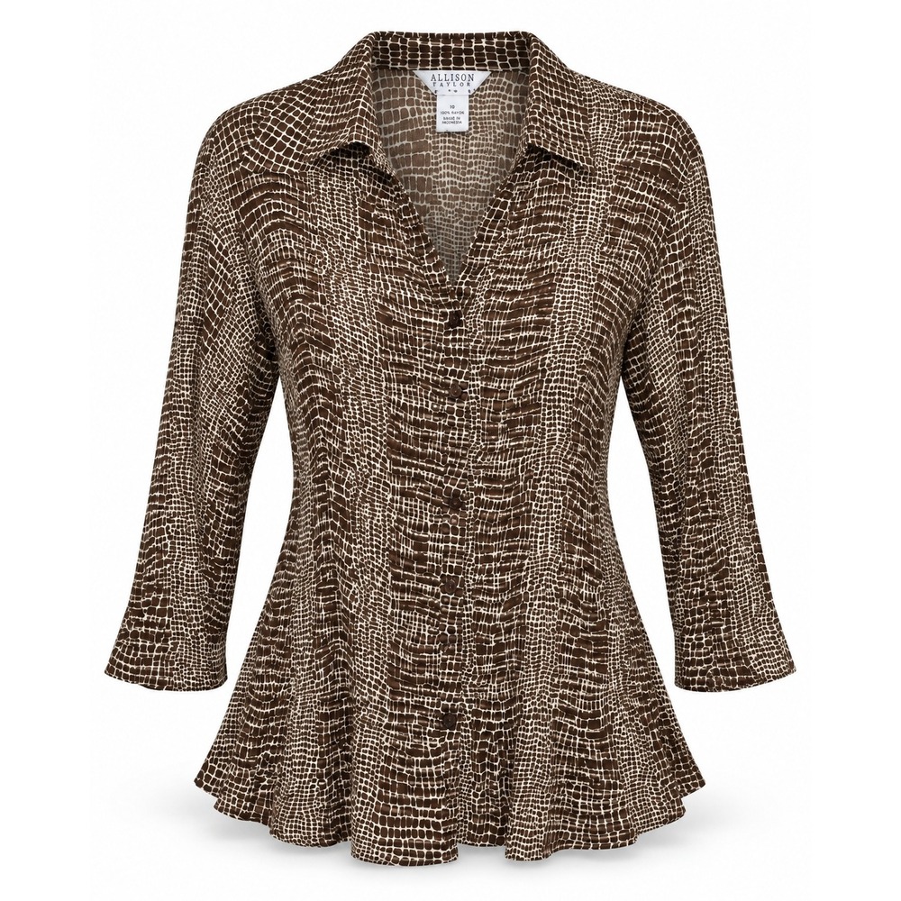 Allison Taylor Woman 3X Brown Textured Print Button Front 3/4 Sleeve Blouse